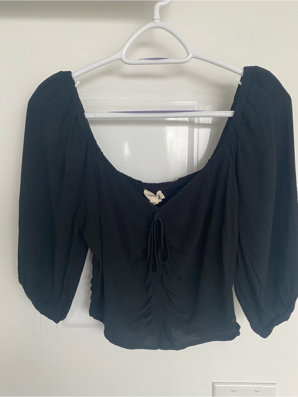Black Puff-Sleeve Tie-Front Blouse